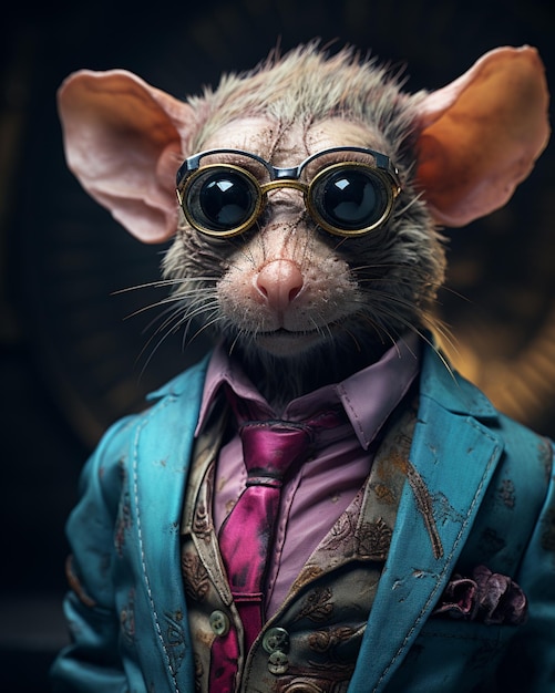 Foto há um rato vestindo um terno e gravata com óculos generativos ai