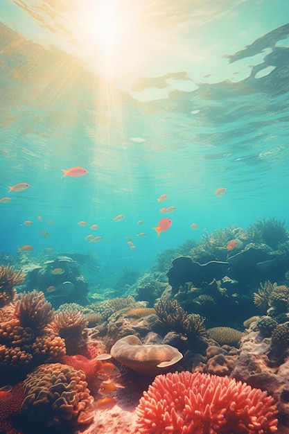 Há um recife de coral com muitos peixes nadando nele.