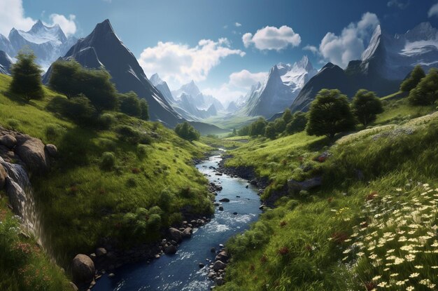 há um riacho que atravessa um vale verdejante com montanhas ao fundo, IA generativa