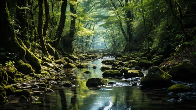 Foto há um riacho que atravessa uma floresta cheia de musgo.