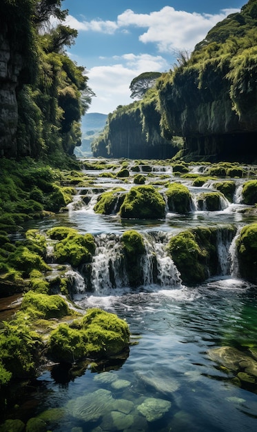 Há um riacho que atravessa uma floresta verdejante cheia de pedras generativas ai