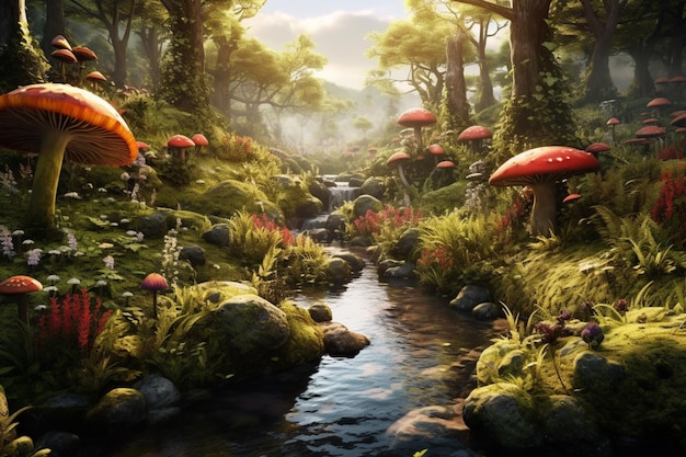 Há um riacho que atravessa uma floresta verdejante com cogumelos generativos ai