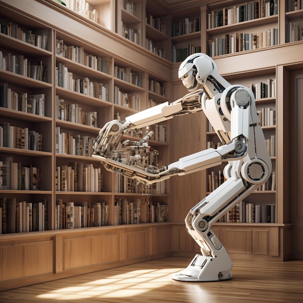 Há um robô que está parado em uma biblioteca generativa ai