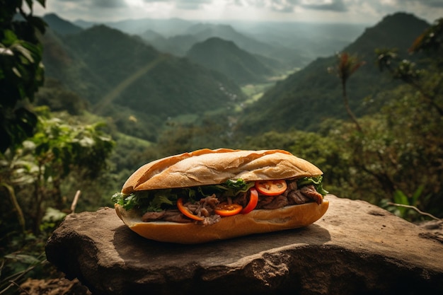 Foto há um sanduíche em uma rocha com vista para as montanhas generativas ai