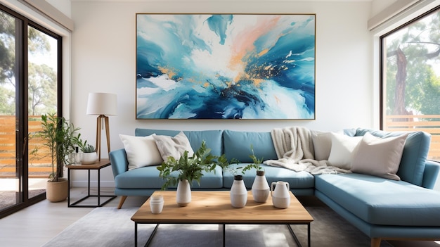 há um sofá azul em uma sala de estar com uma pintura na parede ai generativa
