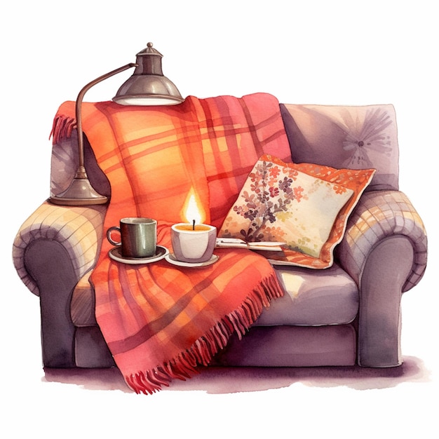 Há um sofá com um cobertor e uma chávena de café nele.