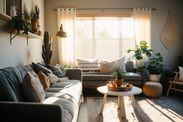 Foto há um sofá e uma mesa em uma sala de estar com ia generativa