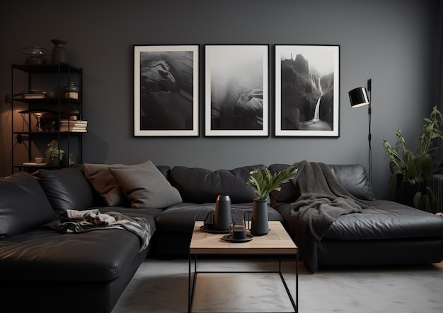 Há um sofá preto e uma mesa na sala de estar.