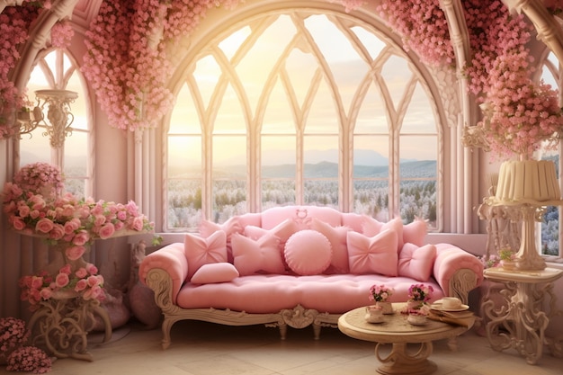 há um sofá rosa em uma sala com uma janela generativa ai