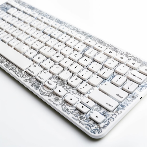 Foto há um teclado branco com um desenho azul e branco nele.