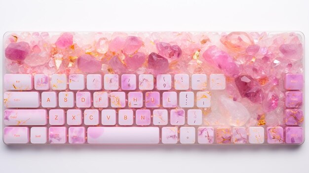 Foto há um teclado rosa com muitos cristais rosa nele.