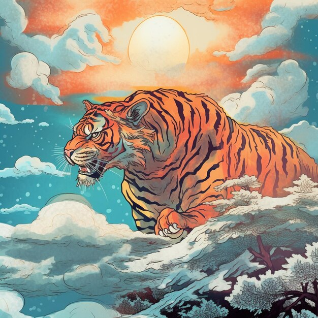 Há um tigre andando em uma colina no céu AI Generative