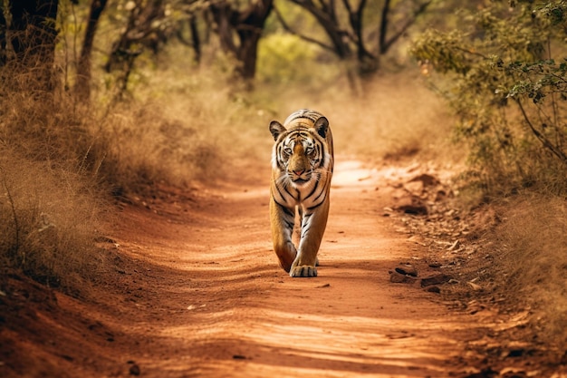 Há um tigre andando por uma estrada de terra na floresta generativa ai