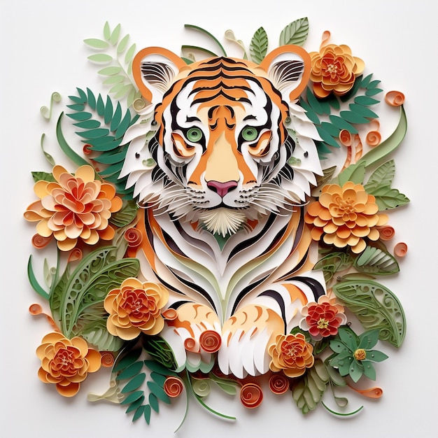 Há um tigre cortado em papel cercado por flores e folhas generativas ai