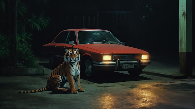 Há um tigre sentado na frente de um carro no escuro.