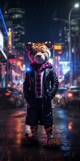 Foto há um tigre vestido com paletó e gravata parado na rua ai generativa