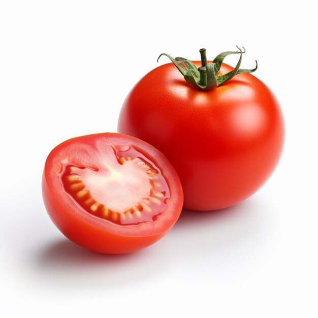 Há um tomate e metade de um tomate numa superfície branca.