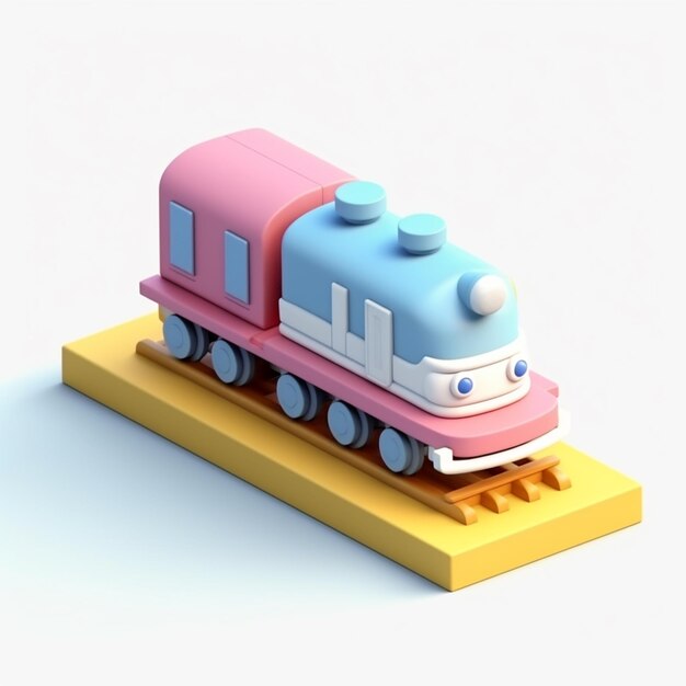 Há um trem de brinquedo em uma plataforma amarela com um vagão de trem rosa e azul generativo ai