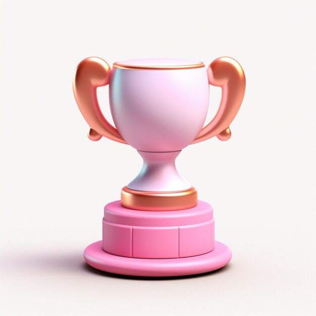 Há um troféu rosa com sotaques dourados num pedestal.