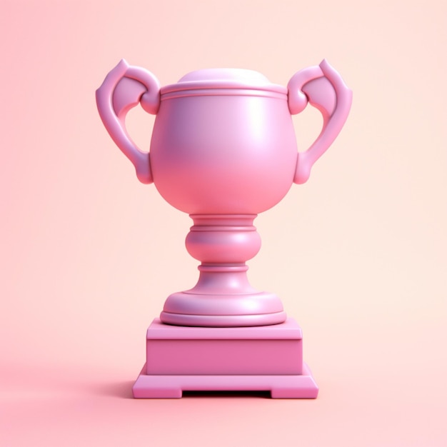 Há um troféu rosa num pedestal com um fundo rosa.