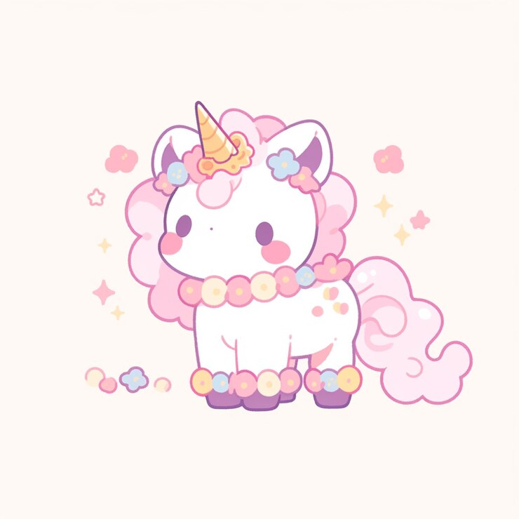 Foto há um unicórnio de desenho animado com uma juba rosa e uma flor na cabeça ai generativa