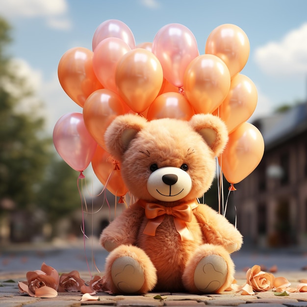 Há um ursinho de pelúcia com balões ligados a ele.