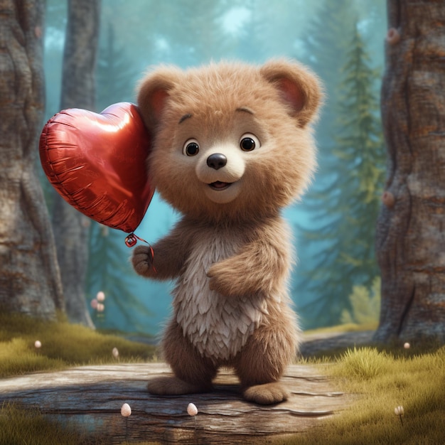 Há um ursinho de pelúcia segurando um balão em forma de coração na floresta generativa ai