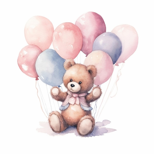 Há um ursinho de pelúcia segurando um monte de balões generative ai