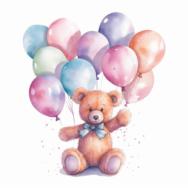 Há um ursinho de pelúcia segurando um monte de balões generative ai