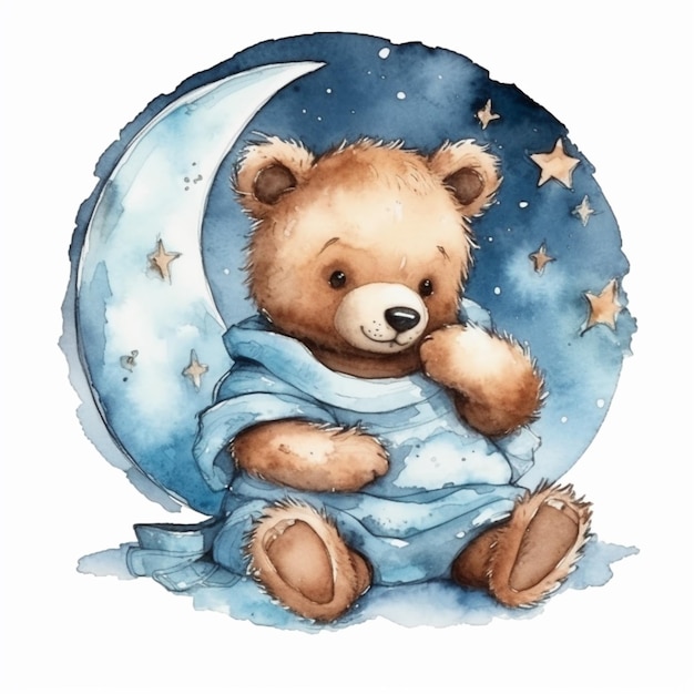 Há um ursinho de pelúcia sentado na lua com um cobertor generativo ai