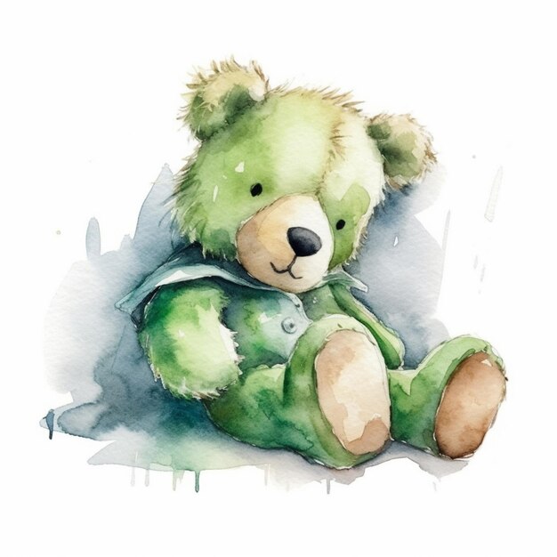 Foto há um ursinho de pelúcia verde sentado no chão com uma camisa verde generativa ai
