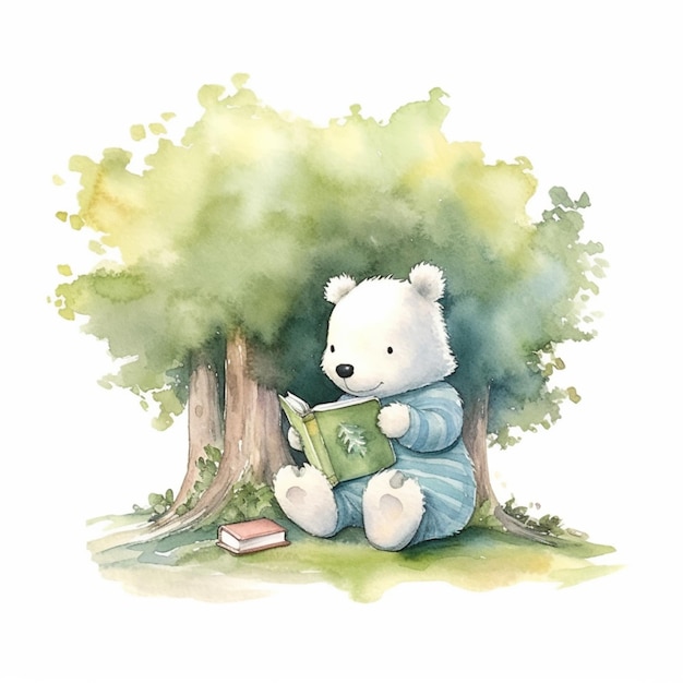 Há um urso branco sentado sob uma árvore lendo um livro generativo ai