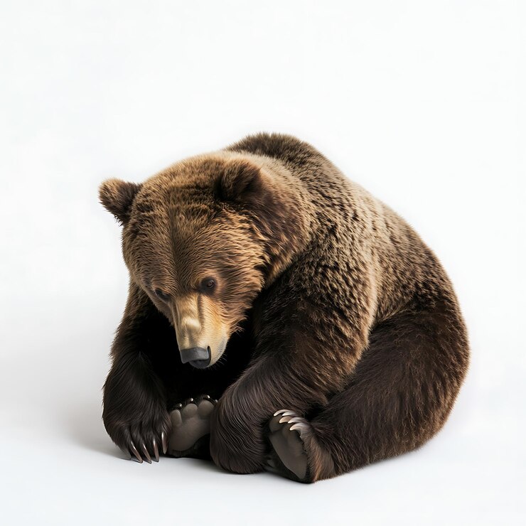 Foto há um urso castanho sentado no chão com as patas no chão