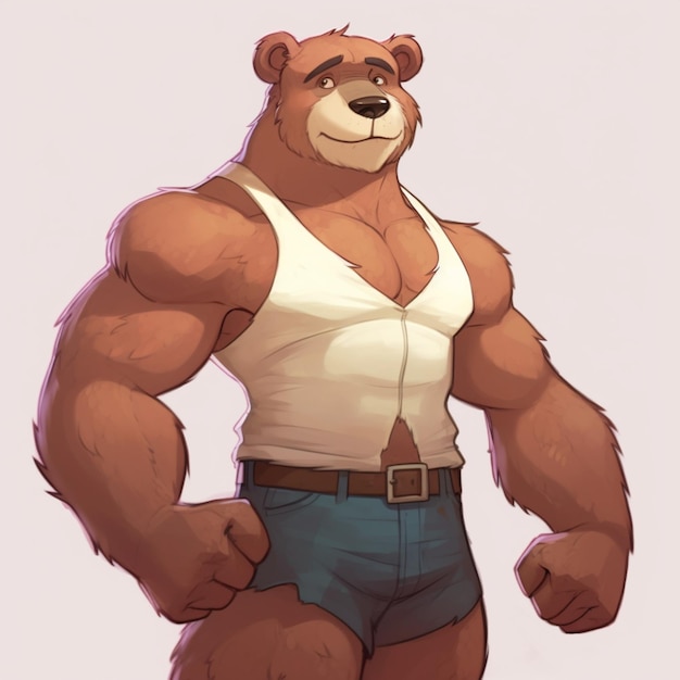 Foto há um urso de desenho animado com uma camisa branca e shorts azuis ai generative