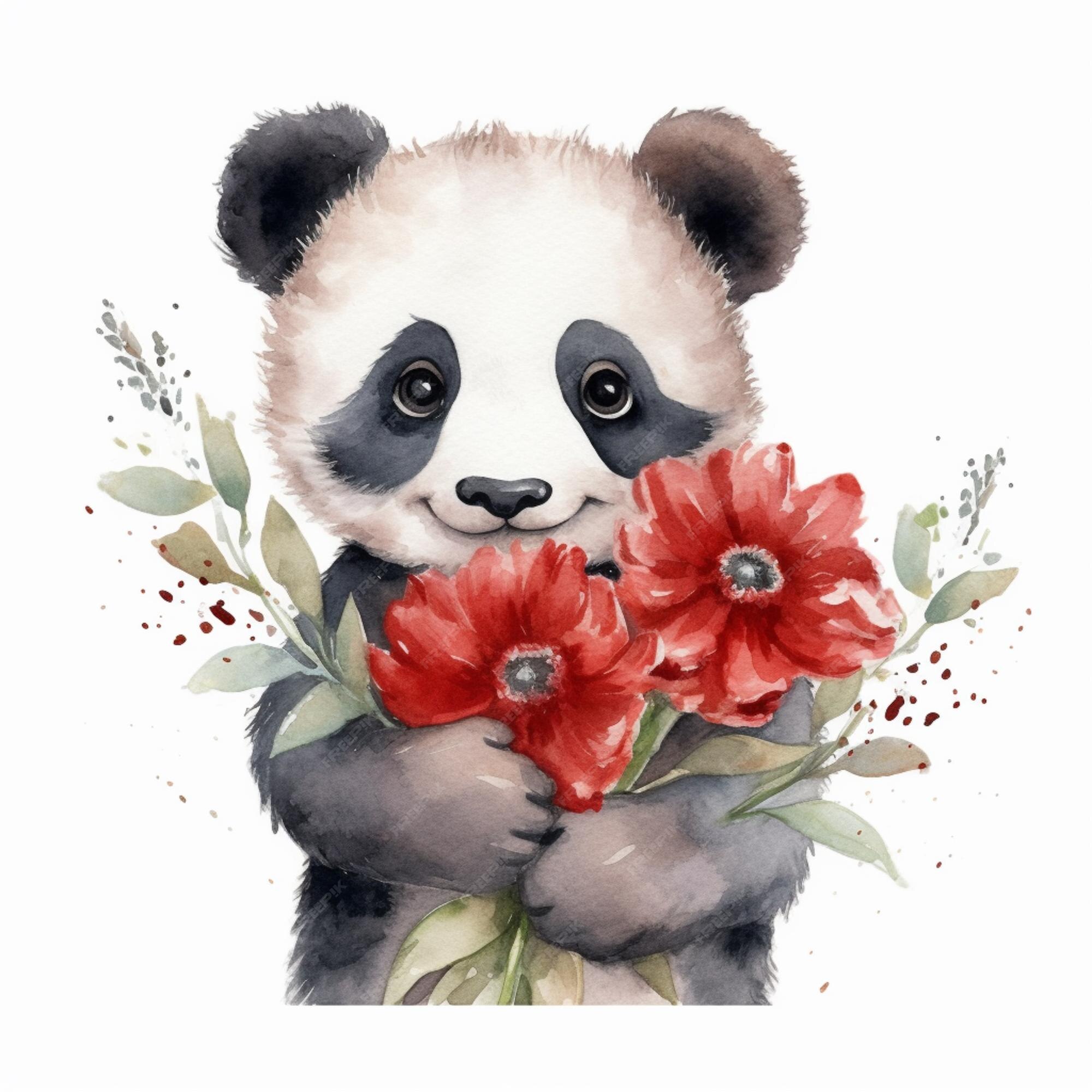 Urso Panda Desenhado à Mão Com Flores Desenho De Impressão Em