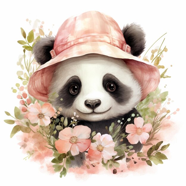 Foto há um urso panda vestindo um chapéu rosa e flores generativas ai