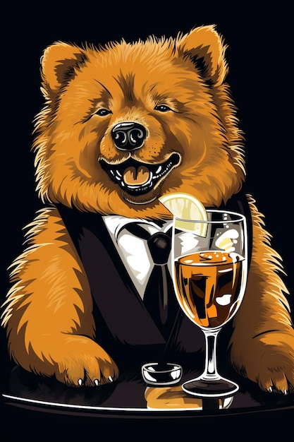 há um urso pardo vestindo um smoking e uma taça de vinho gerador de ai