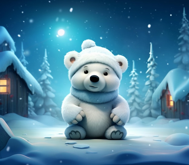 há um urso polar sentado na neve em frente a uma cabana generativa ai