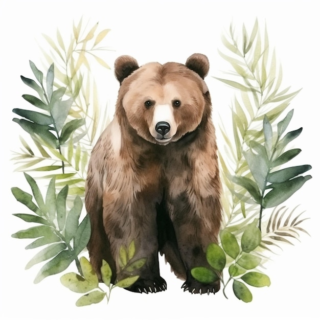 Há um urso que está de pé na grama com folhas generativas ai