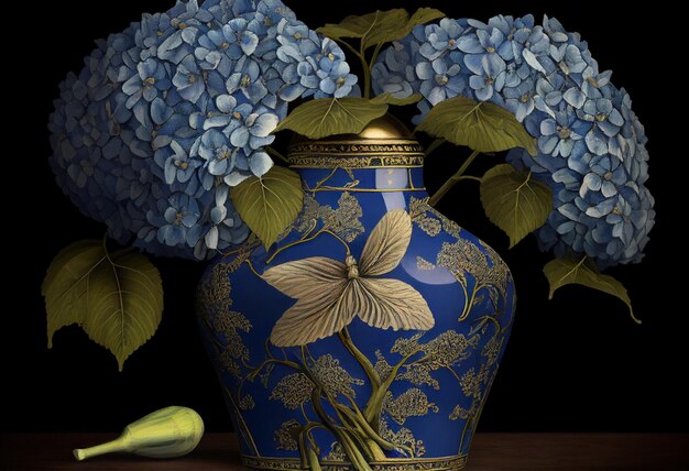 há um vaso azul com flores azuis e uma cabaça sobre uma mesa generativa ai