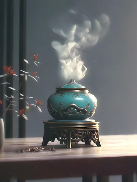 Há um vaso azul com um chá a vapor numa mesa.
