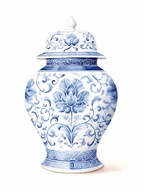 Foto há um vaso azul e branco com uma tampa generativa.