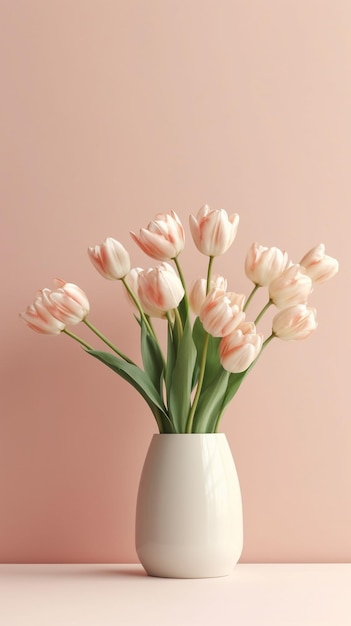 Há um vaso branco com flores cor-de-rosa nele em uma mesa generativa ai