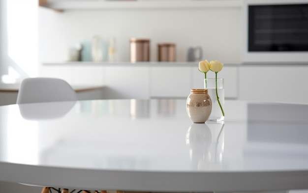 Há um vaso com duas flores amarelas em uma mesa generativa ai