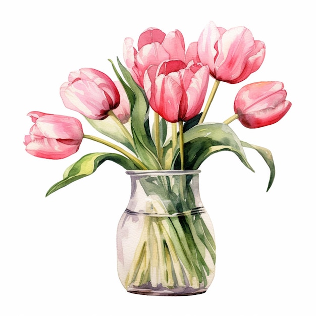 Há um vaso com flores cor-de-rosa nele em um fundo branco generativo ai