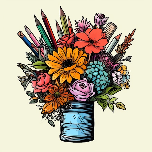 Há um vaso com flores e lápis nele.