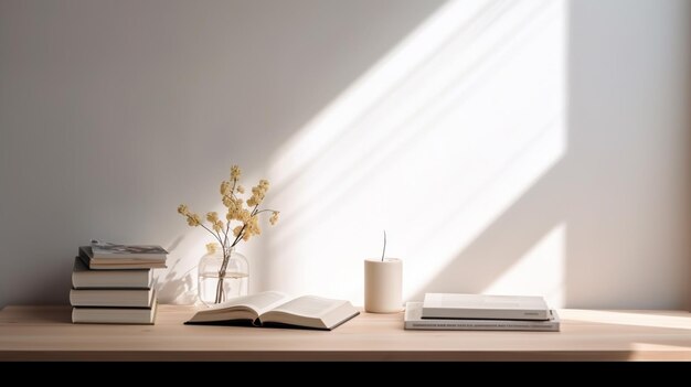 Há um vaso com flores e livros em uma mesa generativa ai