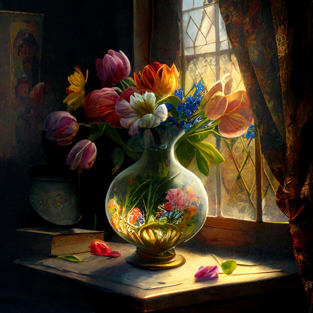 Há um vaso com flores em uma mesa em frente a uma janela generativa ai