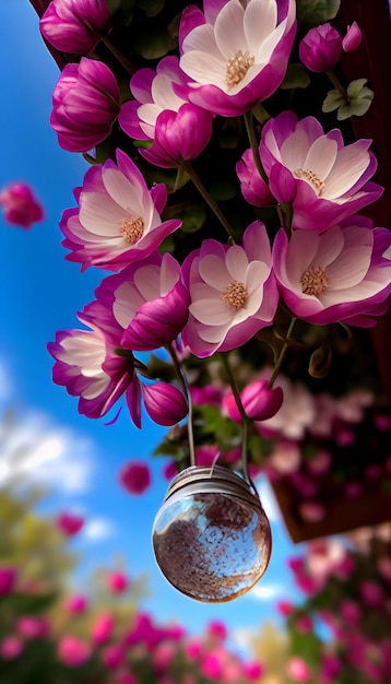 há um vaso com flores pendurado em uma árvore generativa ai