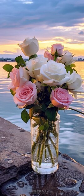 Há um vaso com flores sentado em uma borda junto ao gerador de água ai